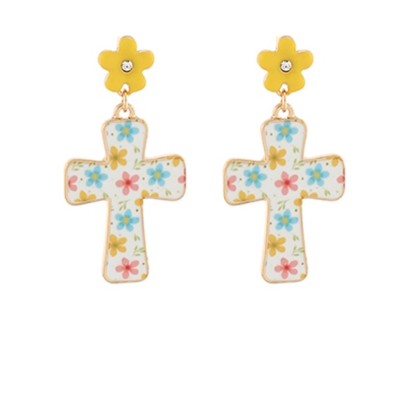 Easter Cross & Flower Drop Earrings - Picture 2 of 2
